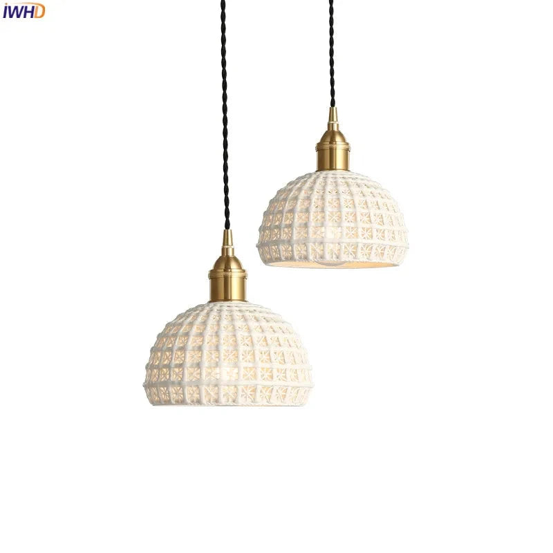 IWHD Nordic Japan Style Pendant Light – White Ceramic & Copper Vintage Lamp
