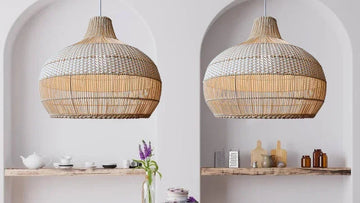 Farmhouse-style kitchen with rustic wooden pendant lights illuminating the countertops 