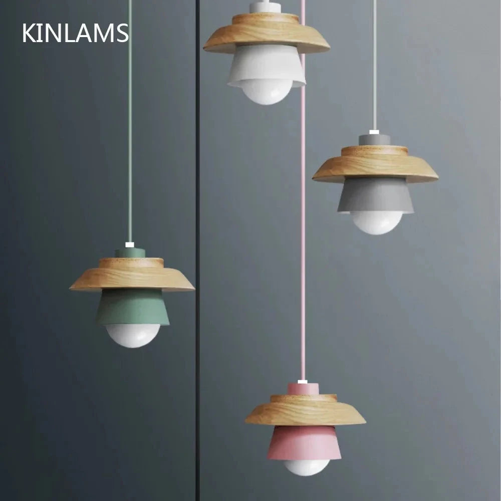 Colorful Macaron Pendant Light – Nordic Wood Hanging Lamp for Art Decor